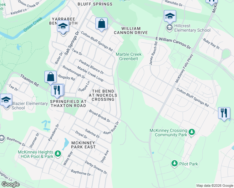 map of restaurants, bars, coffee shops, grocery stores, and more near 7902 Marble Ridge Drive in Austin