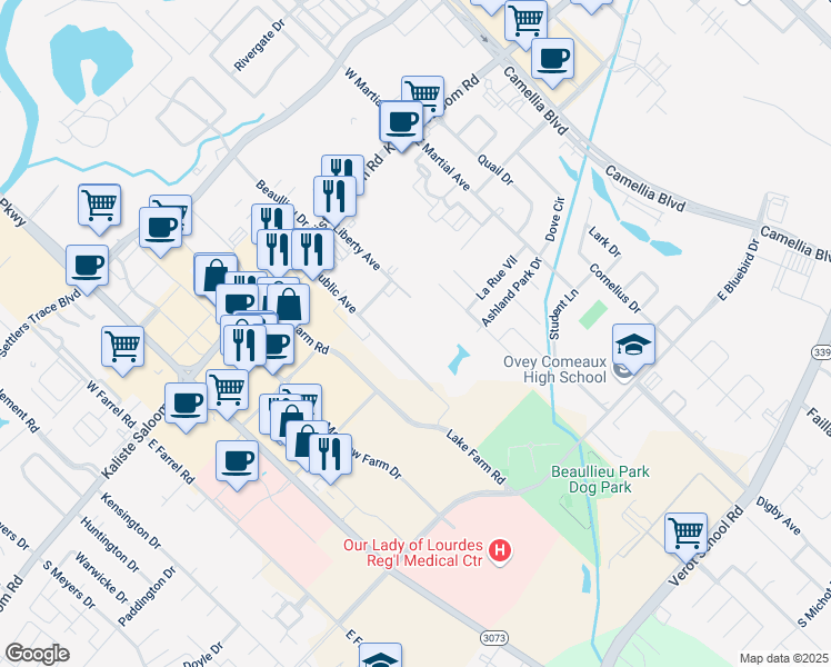map of restaurants, bars, coffee shops, grocery stores, and more near 211 Republic Avenue in Lafayette