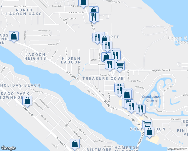 map of restaurants, bars, coffee shops, grocery stores, and more near 2526 Cypress Street in Panama City