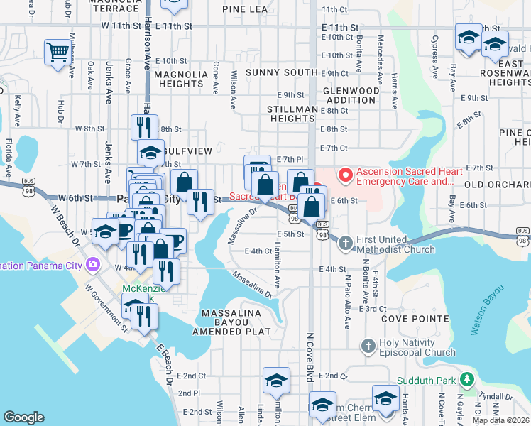 map of restaurants, bars, coffee shops, grocery stores, and more near 519 East 5th Court in Panama City