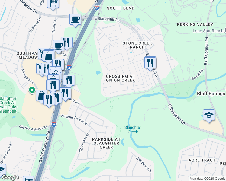 map of restaurants, bars, coffee shops, grocery stores, and more near 1819 Melissa Oaks Lane in Austin