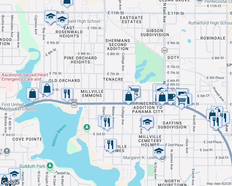 map of restaurants, bars, coffee shops, grocery stores, and more near 508 Maine Avenue in Panama City
