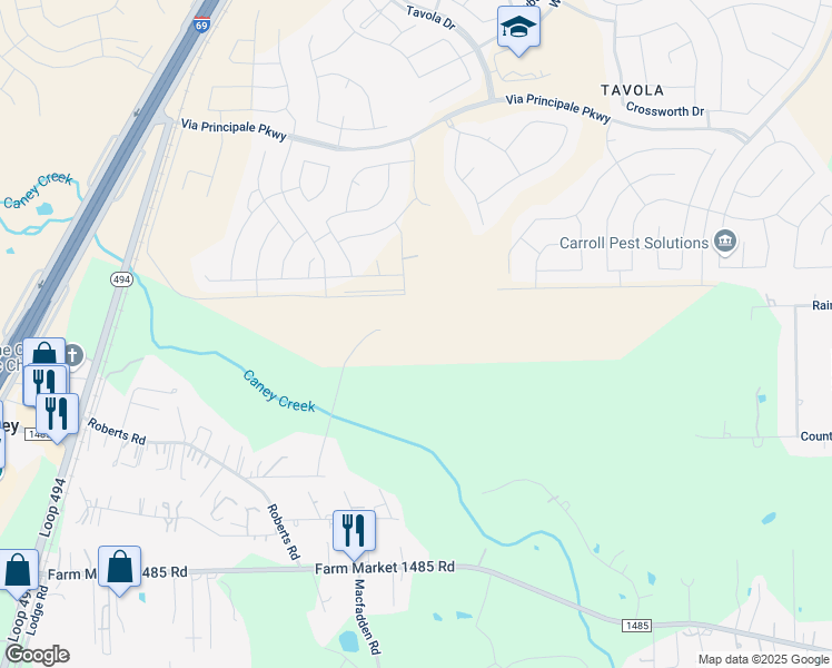 map of restaurants, bars, coffee shops, grocery stores, and more near Comer Reinhart Road in New Caney