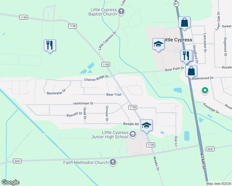 map of restaurants, bars, coffee shops, grocery stores, and more near 2407 Bear Trail in Orange