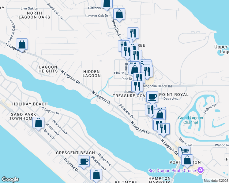map of restaurants, bars, coffee shops, grocery stores, and more near 2601 Oak Street in Panama City Beach