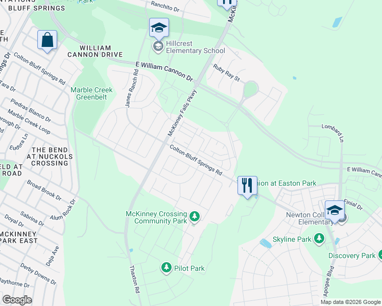 map of restaurants, bars, coffee shops, grocery stores, and more near 7245-7351 Colton-Bluff Springs Road in Austin
