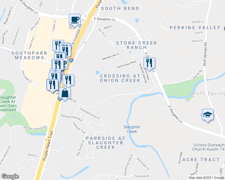map of restaurants, bars, coffee shops, grocery stores, and more near 1817 Melissa Oaks Lane in Austin