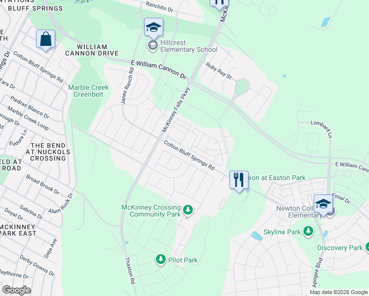 map of restaurants, bars, coffee shops, grocery stores, and more near 7245-7351 Colton-Bluff Springs Road in Austin