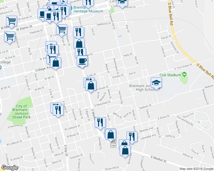 map of restaurants, bars, coffee shops, grocery stores, and more near 1309 Tom Dee Street in Brenham