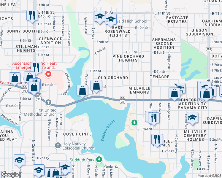 map of restaurants, bars, coffee shops, grocery stores, and more near 519 Cactus Avenue in Panama City