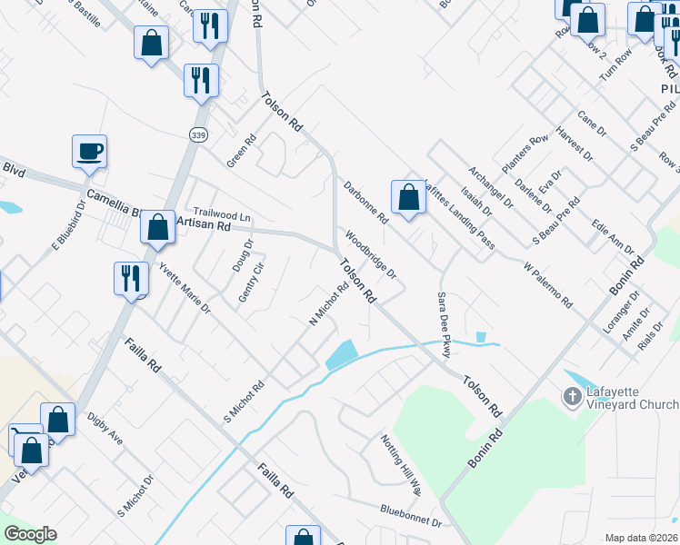 map of restaurants, bars, coffee shops, grocery stores, and more near 808 Tolson Road in Lafayette