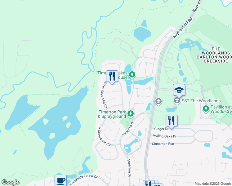 map of restaurants, bars, coffee shops, grocery stores, and more near 19 Canterborough Place in Tomball