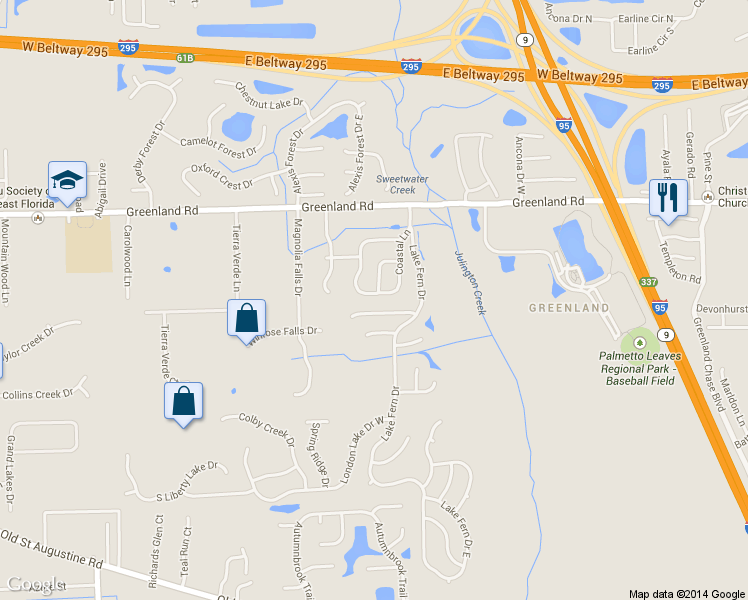 map of restaurants, bars, coffee shops, grocery stores, and more near 5538 Alden Bridge Drive in Jacksonville