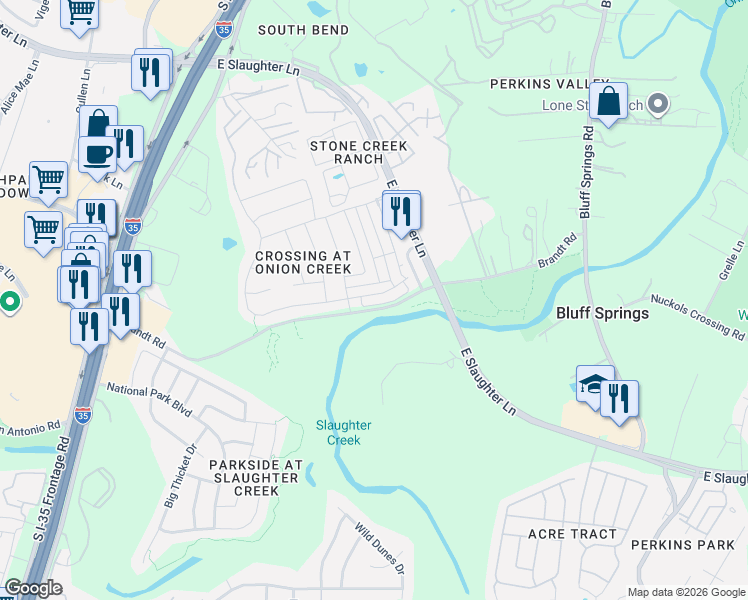 map of restaurants, bars, coffee shops, grocery stores, and more near 2205 Melissa Oaks Lane in Austin