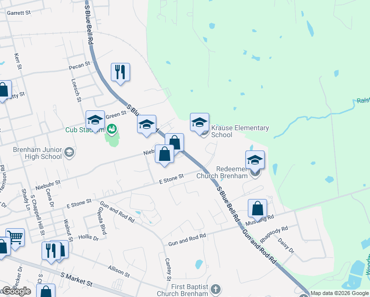 map of restaurants, bars, coffee shops, grocery stores, and more near 1705 South Blue Bell Road in Brenham