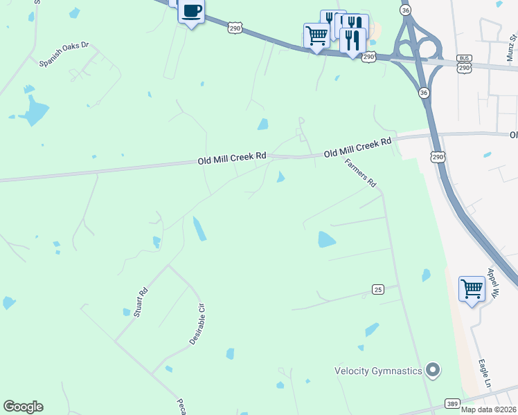 map of restaurants, bars, coffee shops, grocery stores, and more near 2575 Old Mill Creek Road in Brenham