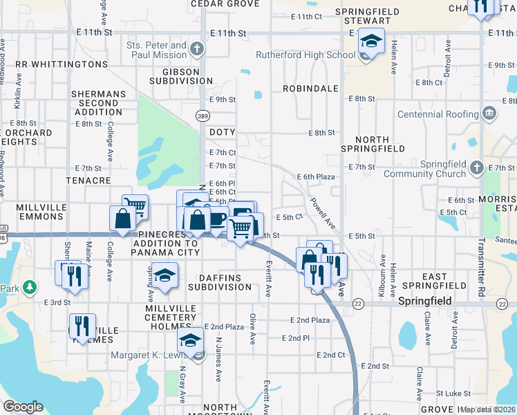 map of restaurants, bars, coffee shops, grocery stores, and more near 2918 East 6th Court in Panama City