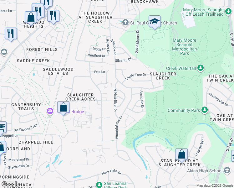 map of restaurants, bars, coffee shops, grocery stores, and more near 10605 Carovilli Drive in Austin