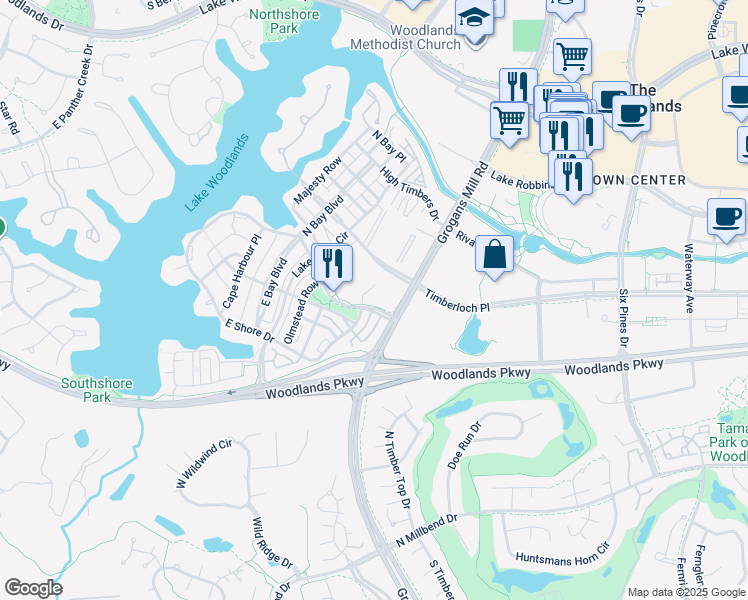 map of restaurants, bars, coffee shops, grocery stores, and more near 10101 Grogans Mill Road in The Woodlands