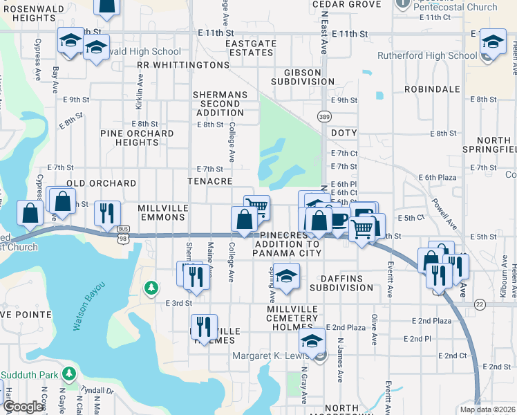 map of restaurants, bars, coffee shops, grocery stores, and more near 2312 East 6th Court in Panama City