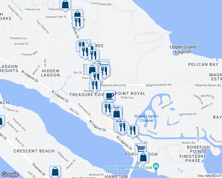 map of restaurants, bars, coffee shops, grocery stores, and more near 7092 Magnolia Beach Road in Panama City