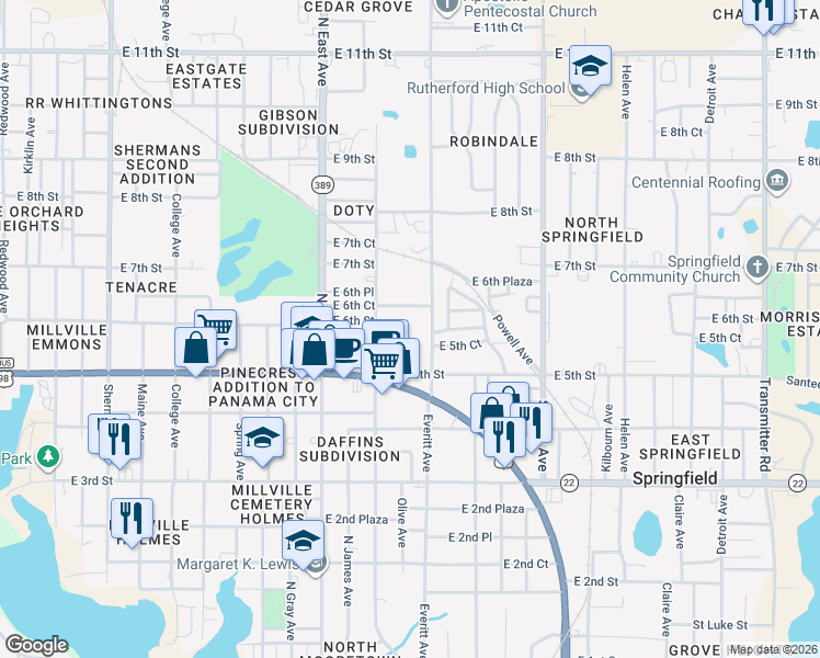 map of restaurants, bars, coffee shops, grocery stores, and more near 2918 East 6th Court in Panama City