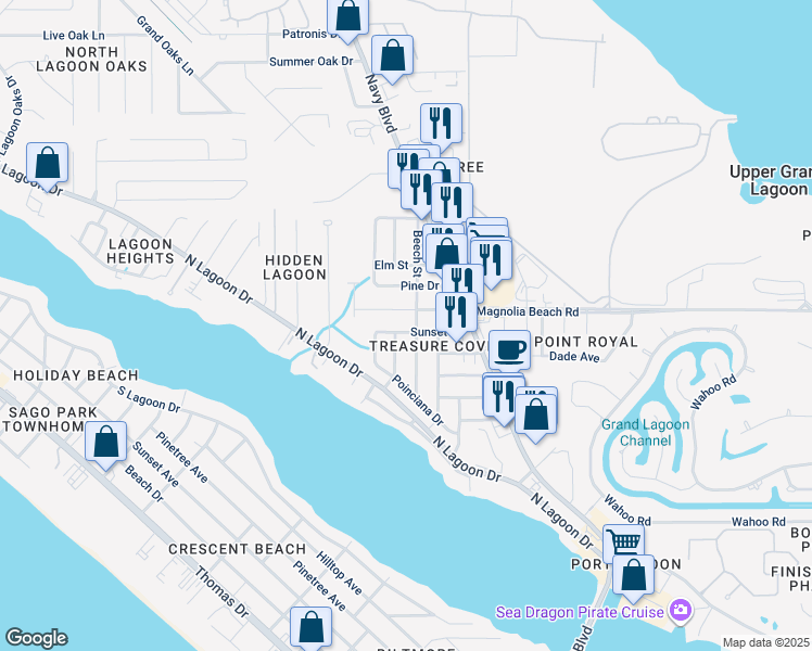 map of restaurants, bars, coffee shops, grocery stores, and more near 6312 Causeway Road in Panama City Beach