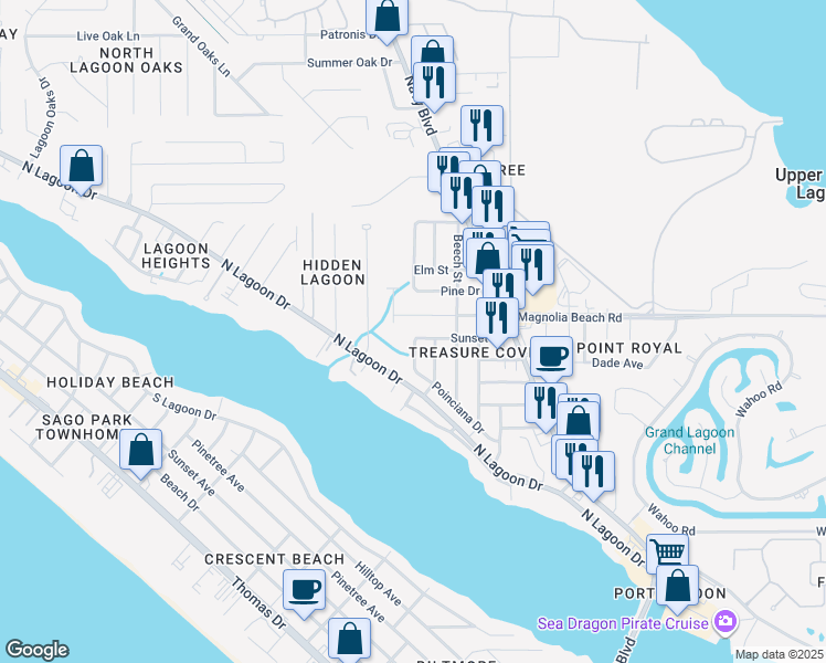 map of restaurants, bars, coffee shops, grocery stores, and more near 6404 Causeway Road in Panama City Beach