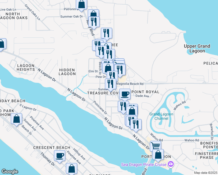 map of restaurants, bars, coffee shops, grocery stores, and more near 6214 Sunset Drive in Panama City