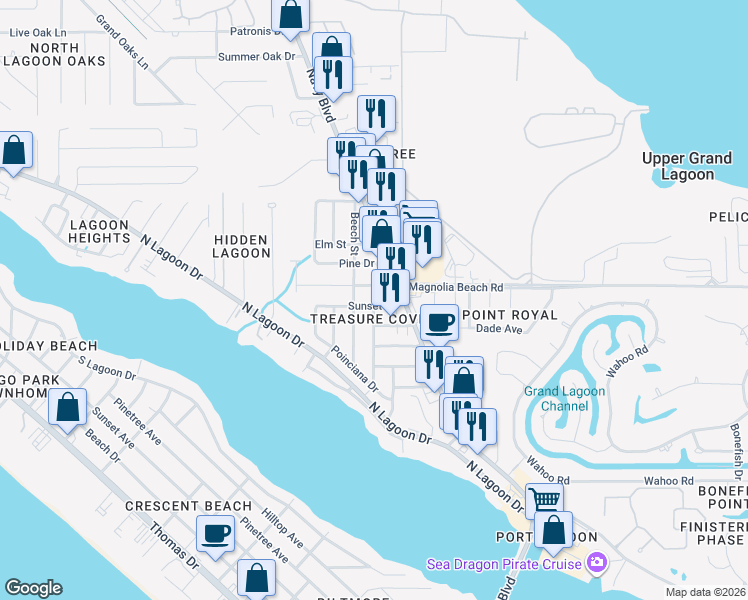 map of restaurants, bars, coffee shops, grocery stores, and more near 6226 Sunset Drive in Panama City Beach