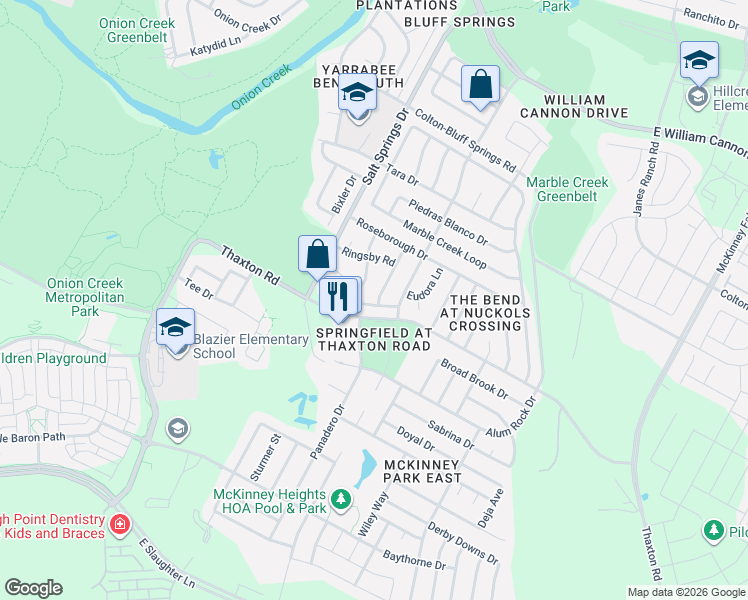 map of restaurants, bars, coffee shops, grocery stores, and more near 6316 Ken Caryl Drive in Austin