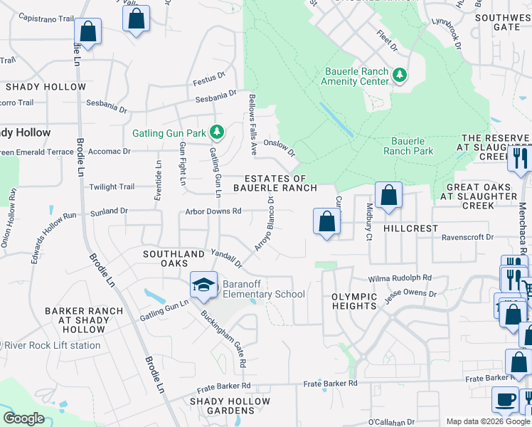 map of restaurants, bars, coffee shops, grocery stores, and more near 11512 Arbor Downs Road in Austin