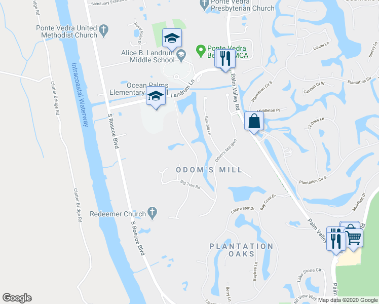 map of restaurants, bars, coffee shops, grocery stores, and more near 753 Mill Stream Road in Ponte Vedra Beach