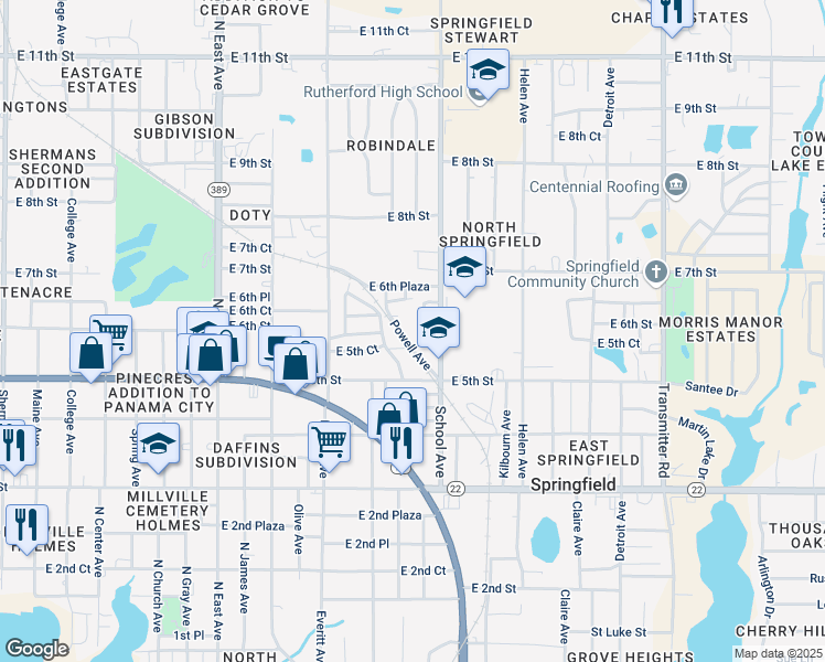 map of restaurants, bars, coffee shops, grocery stores, and more near 545 School Avenue in Panama City