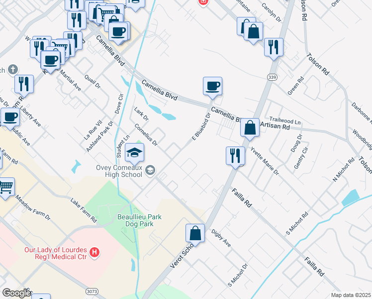 map of restaurants, bars, coffee shops, grocery stores, and more near 210 East Bluebird Drive in Lafayette