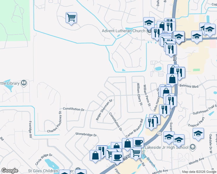 map of restaurants, bars, coffee shops, grocery stores, and more near 546 George Taylor Street in Orange Park