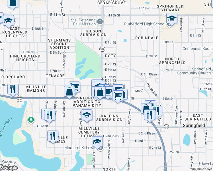 map of restaurants, bars, coffee shops, grocery stores, and more near 2711 East 6th Court in Panama City