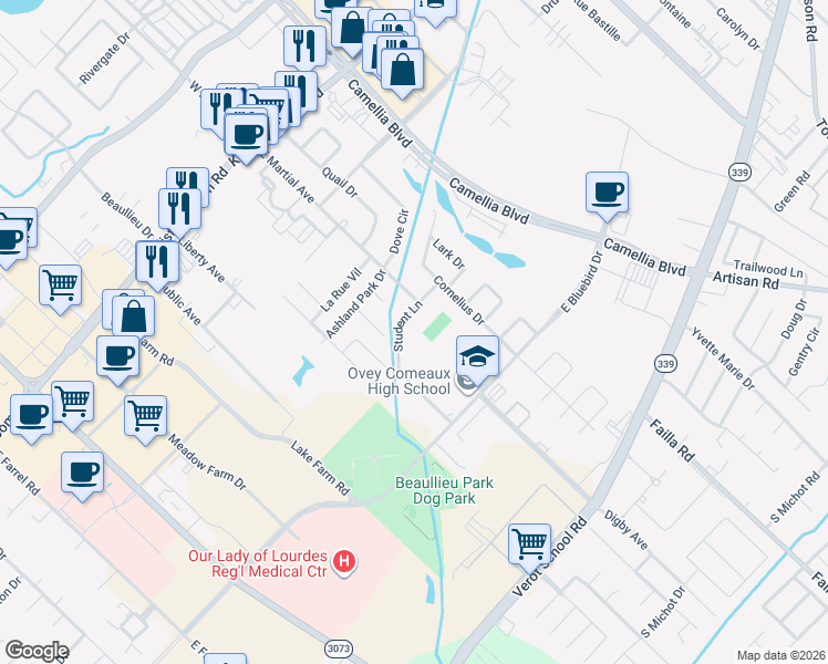map of restaurants, bars, coffee shops, grocery stores, and more near 204 Student Lane in Lafayette