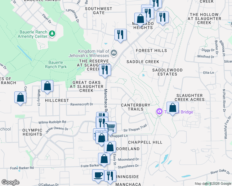 map of restaurants, bars, coffee shops, grocery stores, and more near 1805 Monks Tale Court in Austin