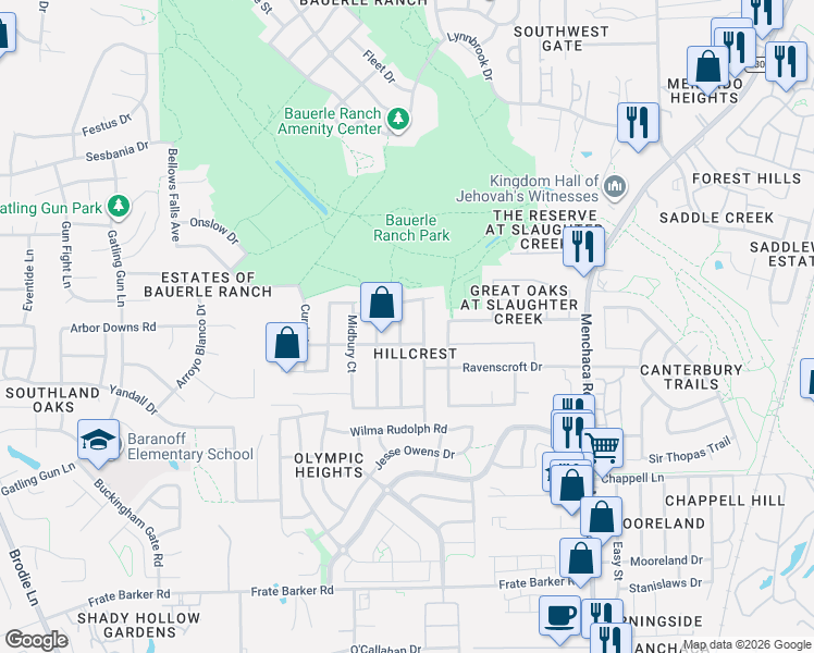 map of restaurants, bars, coffee shops, grocery stores, and more near 2411 Lavendale Court in Austin