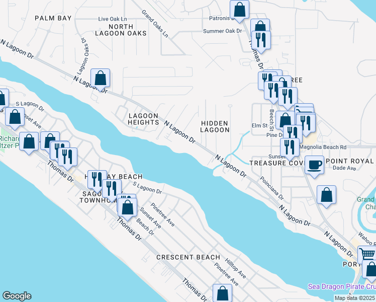 map of restaurants, bars, coffee shops, grocery stores, and more near 6901 North Lagoon Drive in Panama City