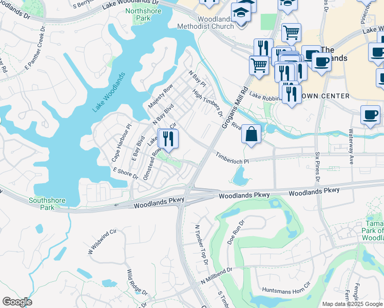 map of restaurants, bars, coffee shops, grocery stores, and more near 10101 Grogans Mill Road in The Woodlands