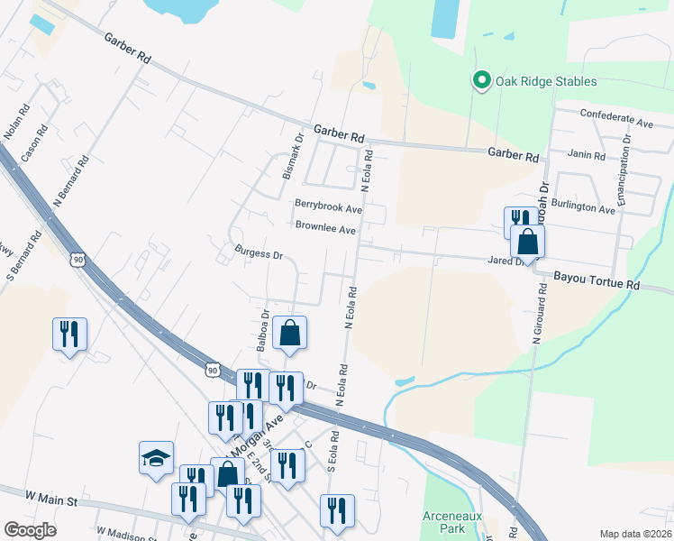 map of restaurants, bars, coffee shops, grocery stores, and more near 115 Portsmouth Drive in Broussard