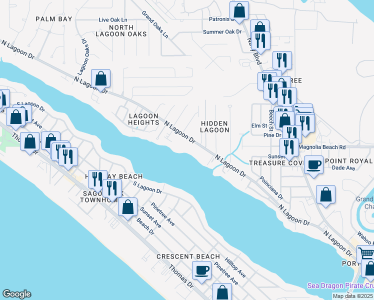 map of restaurants, bars, coffee shops, grocery stores, and more near 6901 North Lagoon Drive in Panama City