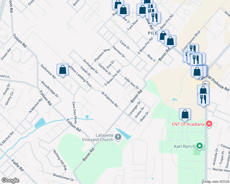 map of restaurants, bars, coffee shops, grocery stores, and more near 807 South Beau Pre Road in Lafayette