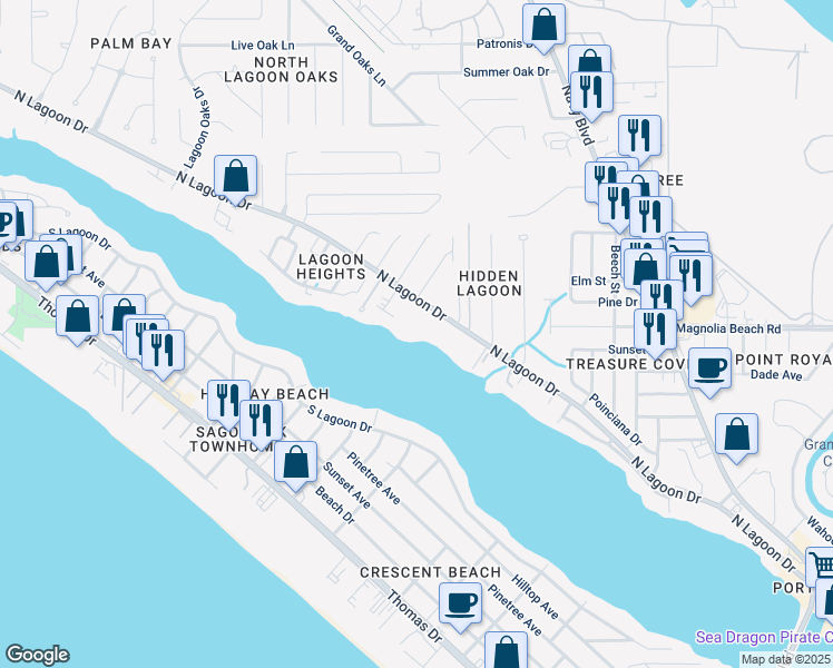 map of restaurants, bars, coffee shops, grocery stores, and more near 6901 North Lagoon Drive in Panama City