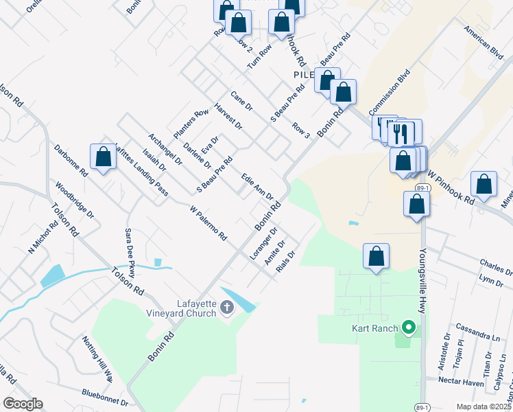 map of restaurants, bars, coffee shops, grocery stores, and more near 106 Edie Ann Drive in Lafayette
