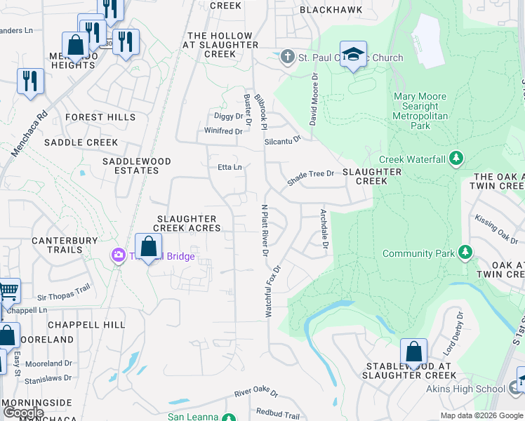map of restaurants, bars, coffee shops, grocery stores, and more near 10605 Carovilli Drive in Austin