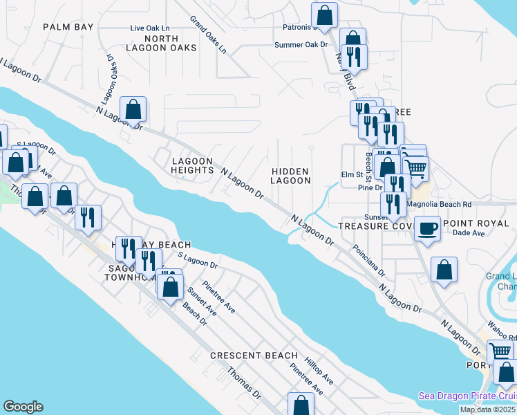 map of restaurants, bars, coffee shops, grocery stores, and more near 6909 North Lagoon Drive in Panama City Beach
