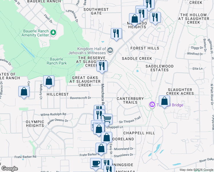 map of restaurants, bars, coffee shops, grocery stores, and more near 1837 Friars Tale Lane in Austin